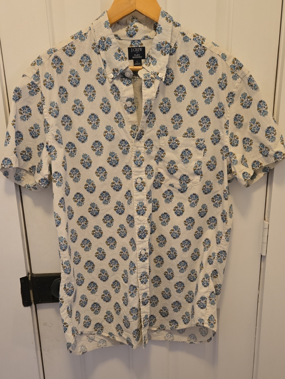 J. Crew Blue And White Floral Flex Washed Shirt Large